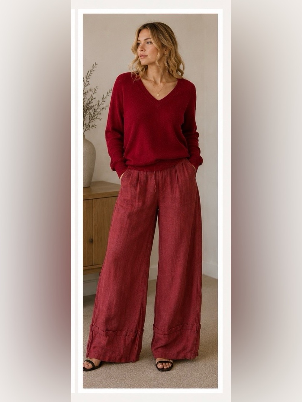Eternella Made in Italy 100% Linen Wide leg Cuffed Cranberry Pant S